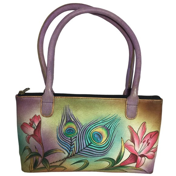 Anuschka  NEVER USED Handpainted Leather Shoulder Bag Floral Peacock - Picture 1 of 10